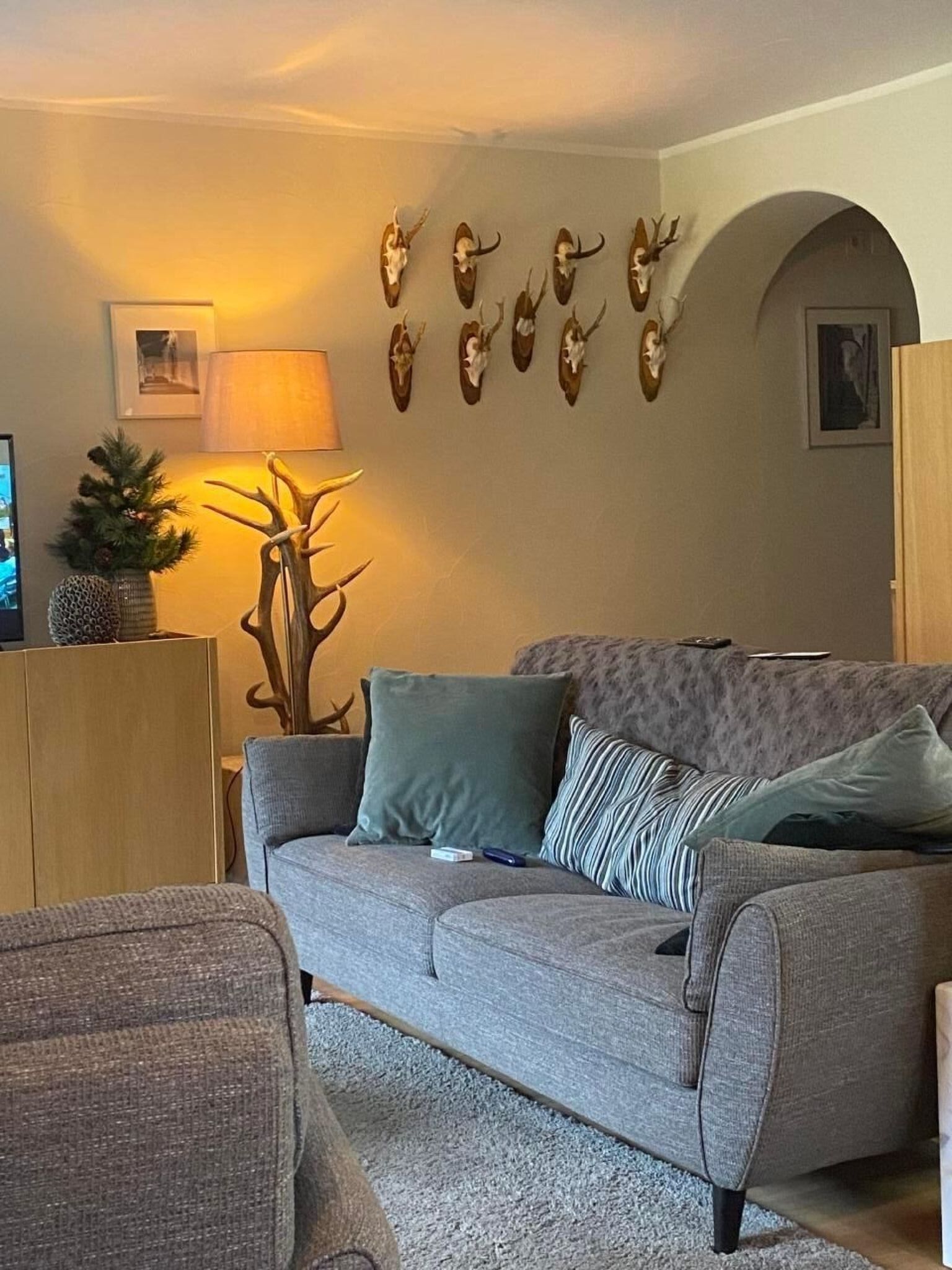 A living room with a grey sofa, a small table with a lamp, and wall-mounted deer skull decorations.