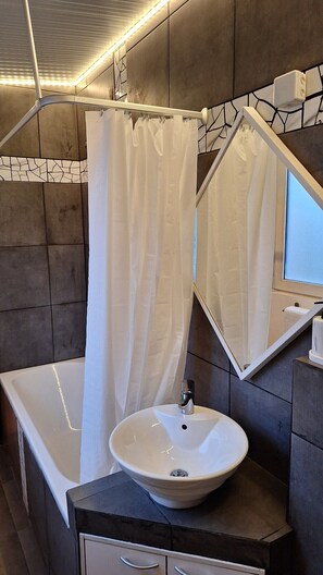 Hair dryer, towels, soap, toilet paper