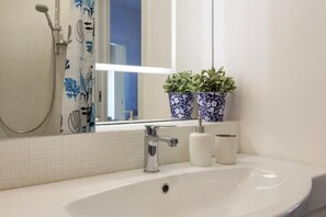 Shower, hair dryer, bidet, towels