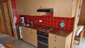A compact kitchen with a stove, oven, and sink. - Des Alpes 4-Bettwohnung by Interhome (Hasliberg)