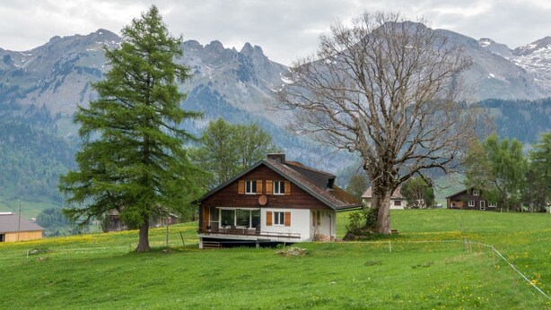 A house with a sloped roof, large windows, and a balcony, surrounded by a grassy field and trees, with mountains in the background.