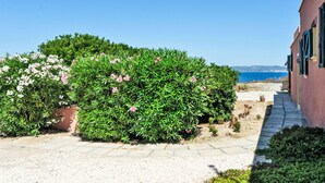 Un edificio costero con un sendero pavimentado, abundante vegetación y vista al mar.
