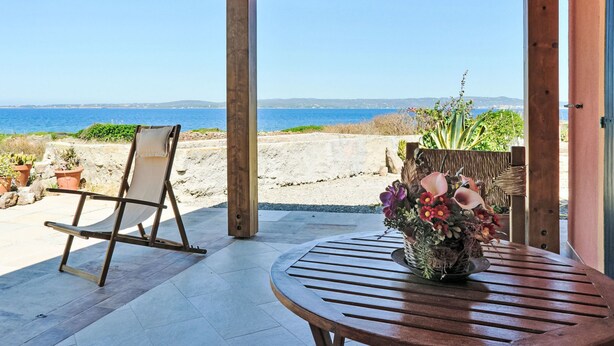 Un porche cubierto con una mesa de madera y una silla, vista al mar, y plantas en macetas.