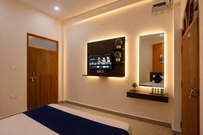 A hotel room with a bed, a TV mounted on the wall, a bedside table with a plant, and a mirror. - Hotel The Viraj Palace (Ayodhya)