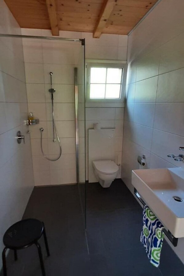 A small, modern bathroom with a shower, toilet, and sink.