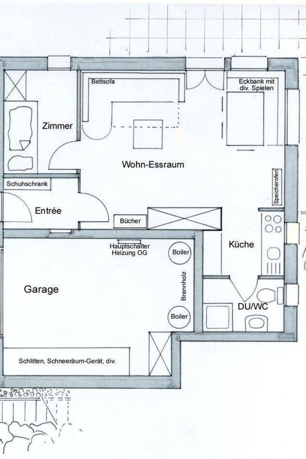 A floor plan of a house with a living room, kitchen, garage, and bathroom.