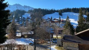 Uma aldeia montanhosa com telhados cobertos de neve e casas, rodeada por árvores e um céu limpo.