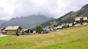 Un pueblo rural con casas de madera tradicionales, un primer plano con hierba y montañas al fondo.