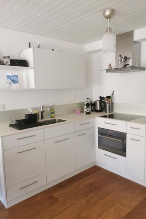 Réfrigérateur, four, batterie de cuisine, vaisselle et ustensiles