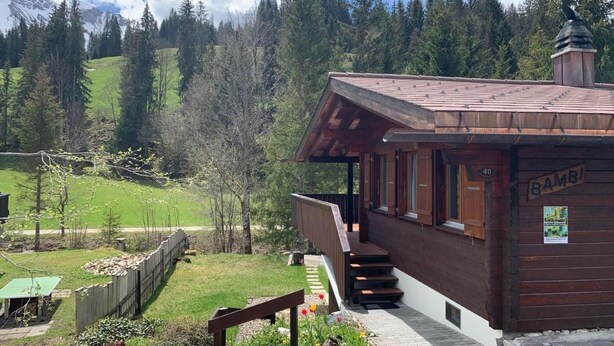 Une cabane en bois dotée d’un balcon, entourée d’un jardin et surplombant une montagne boisée.
