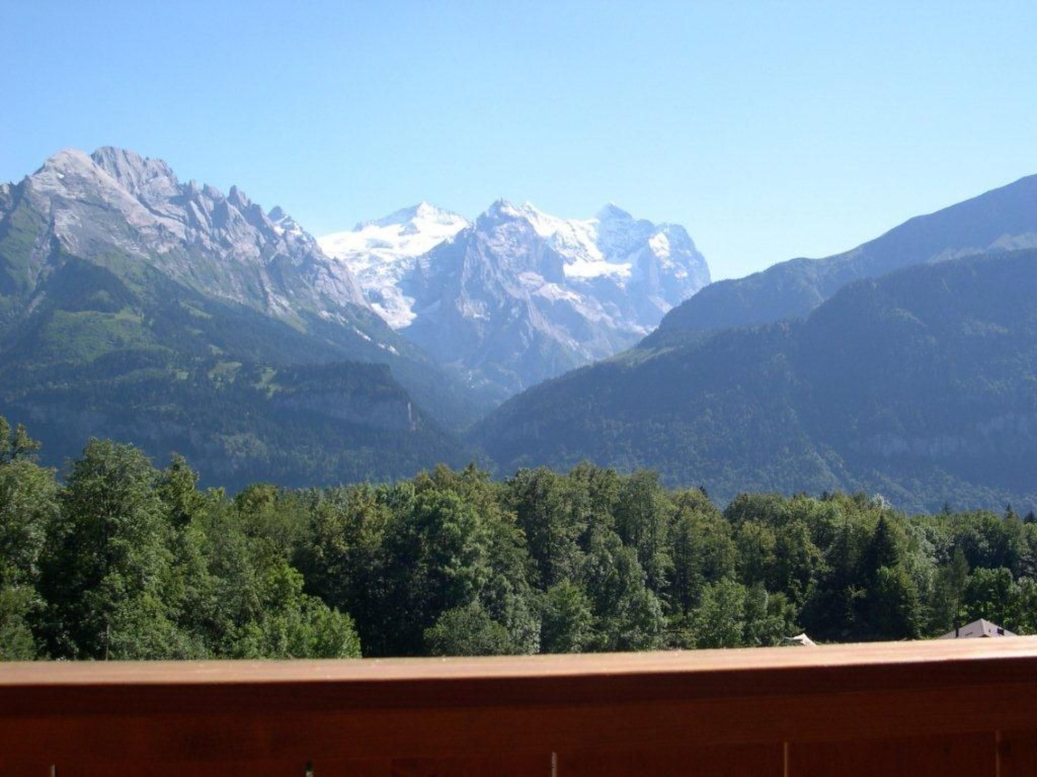 Paisagem montanhosa com picos nevados e floresta densa ao primeiro plano.