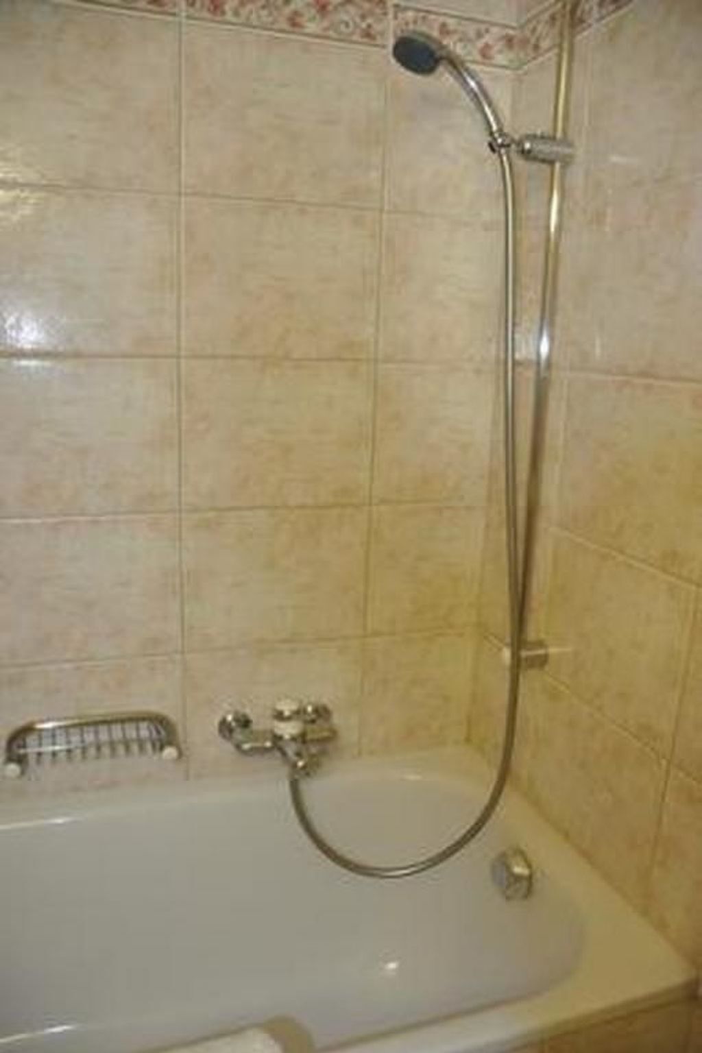 Ein Badezimmer mit einer Badewanne, einer Duschbrause und einem Wasserhahn.