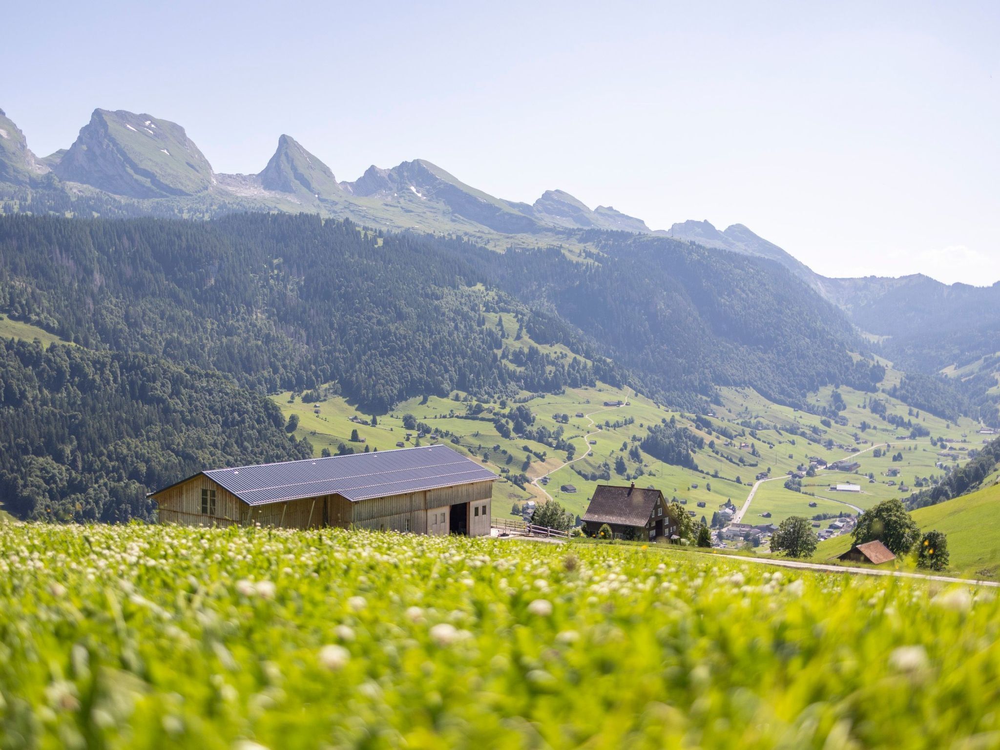 Paisagem rural com uma casa em primeiro plano, cercada por campos verdes e montanhas ao fundo.