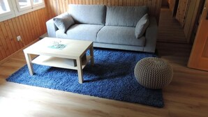 Een kamer met een grijze bank, een houten bijzettafeltje en een blauw tapijt.
