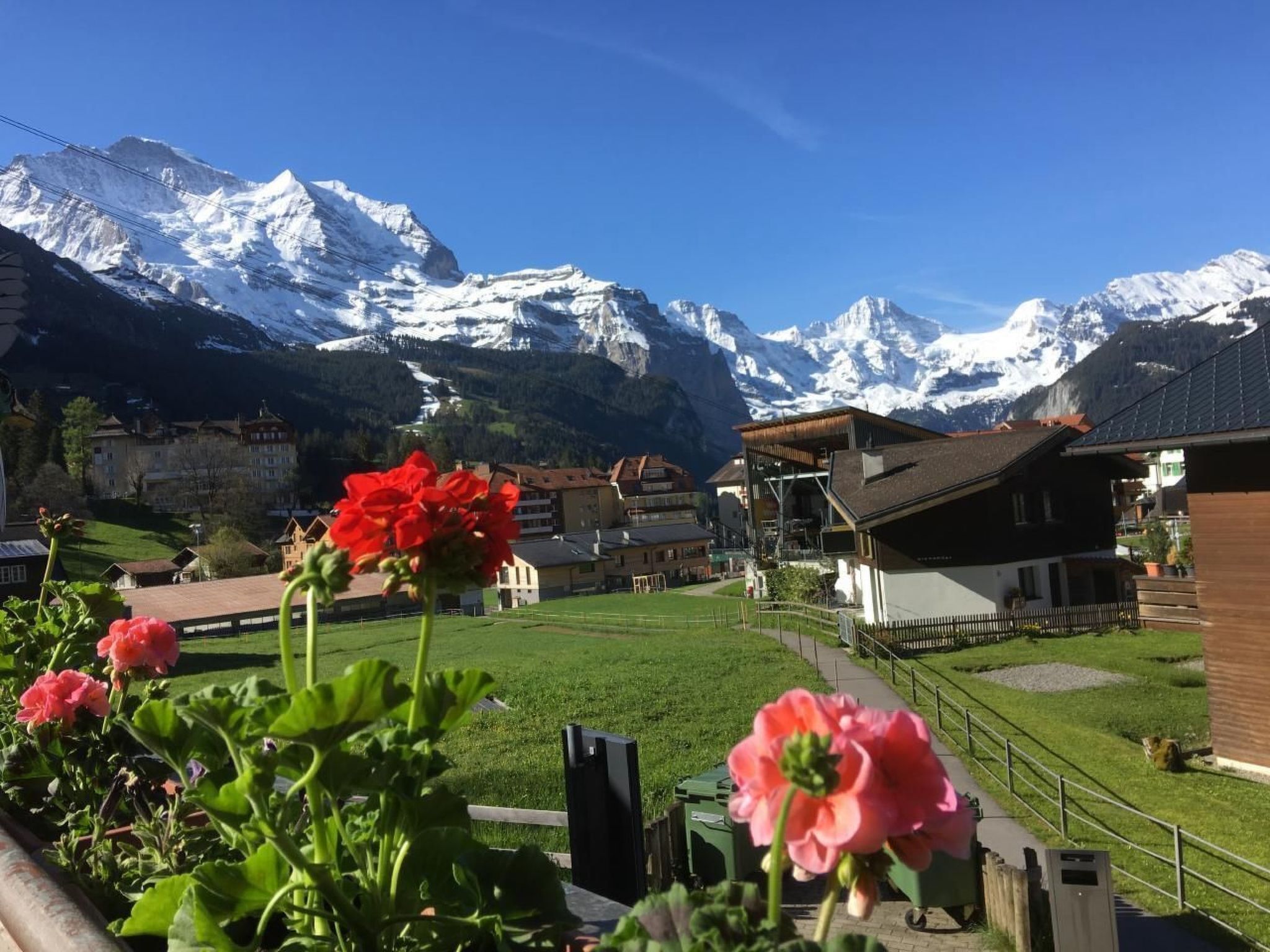 A mountain village with snow-capped peaks in the background, a green lawn, and traditional buildings.
