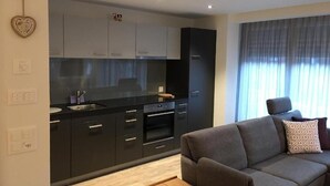 A modern kitchen with dark cabinets and a grey sofa in the living area. - Chäs-Gruebi Wohnung Hirsch by Interhome (Lauterbrunnen)