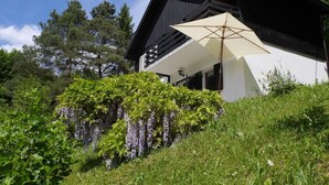 Uma casa moderna com telhado inclinado, um guarda-sol grande e vegetação exuberante.
