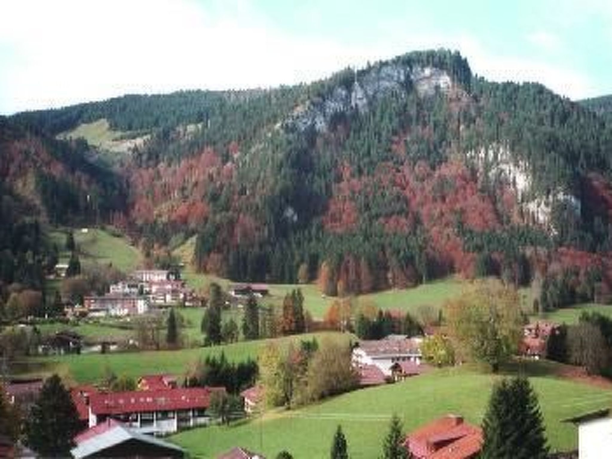 A rural landscape with a mountain in the background, houses, and a large open field.