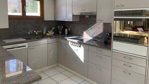 Eine moderne Küche mit Einbauofen, Spüle und Schränken. Ein Fenster sorgt für natürliches Licht.