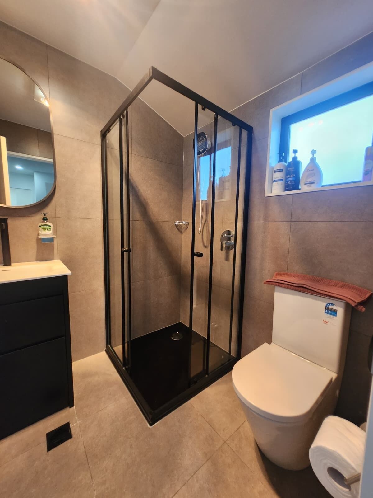 Hair dryer, towels, soap, toilet paper