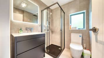 Hair dryer, towels, soap, toilet paper