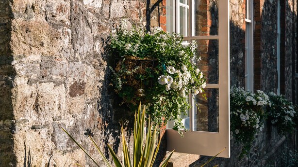 A stone wall with a hanging planter of white flowers and a window with white frames. - Upper School House (Newton Abbot)