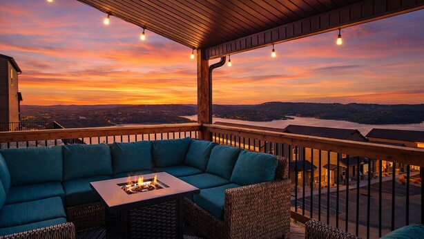 A covered outdoor seating area with a sofa and a fire pit, overlooking a body of water and a cityscape during sunset. - Lazy River - Lake Views - Hot Tub - Pet Frndly! (Kimberling)