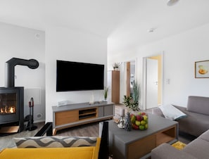 TV, fireplace - Vacation apartment "Dünengras" in the Baltic Sea resort of Olpenitz - Modern accommodation with a street (Kappeln)