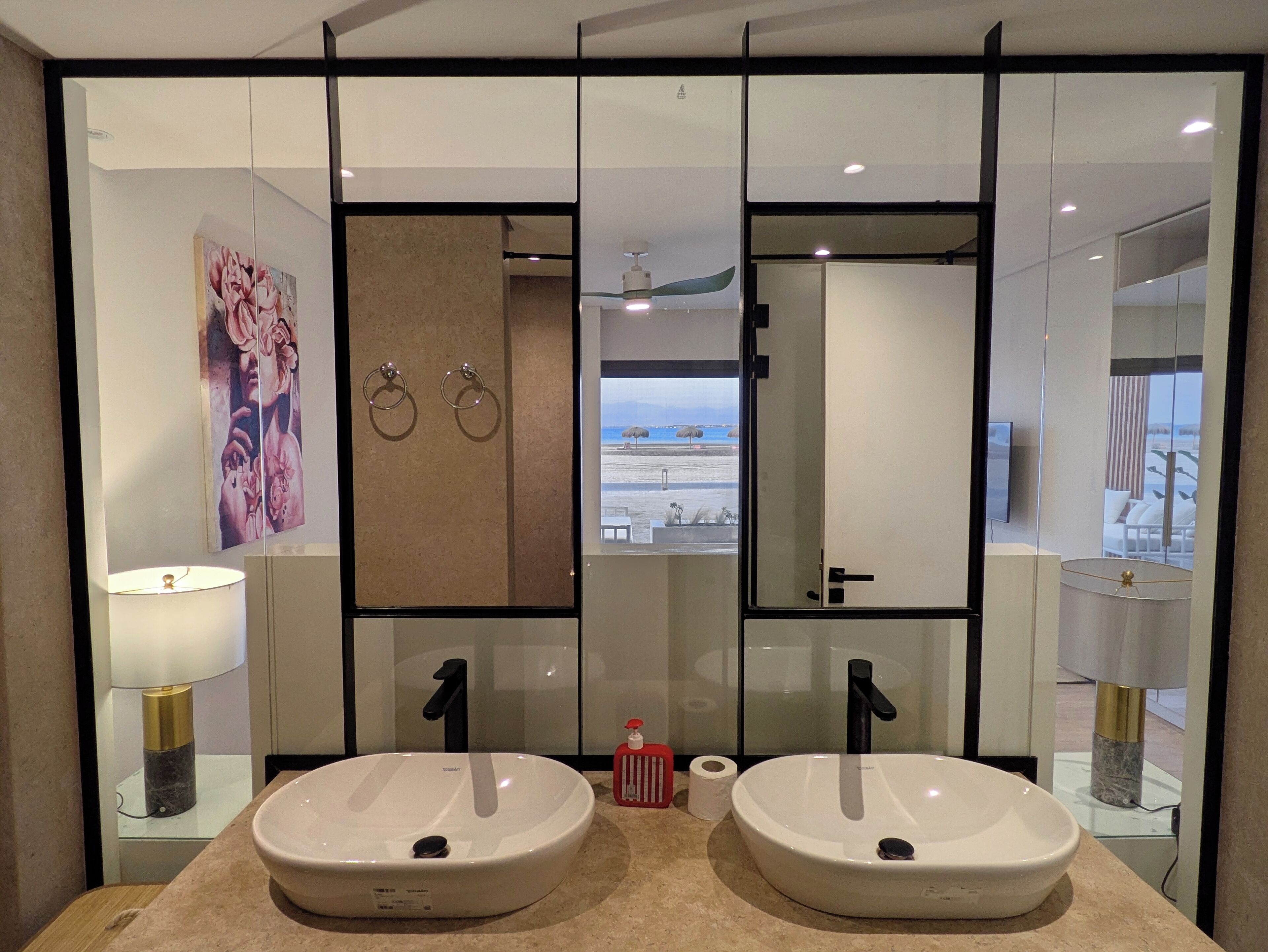 Hair dryer, bidet, towels, soap