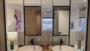 Hair dryer, bidet, towels, soap