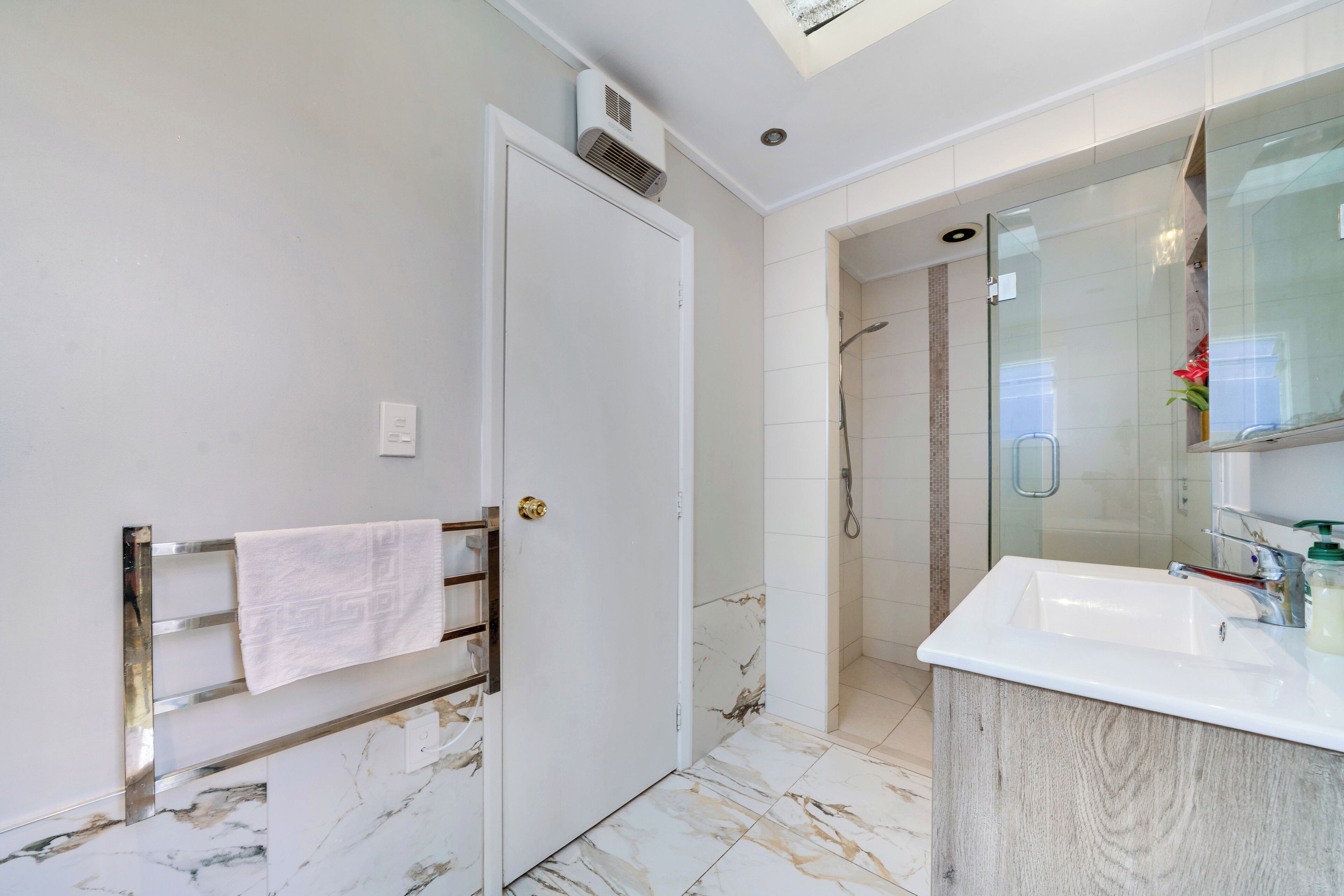 Hair dryer, towels, soap, shampoo