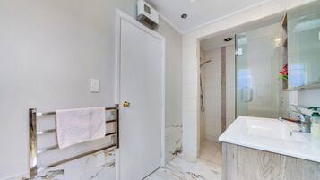 Hair dryer, towels, soap, shampoo