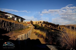 Un sendero de piedra que conduce a un edificio con techo rojo, rodeado de hierba seca y arbustos.
