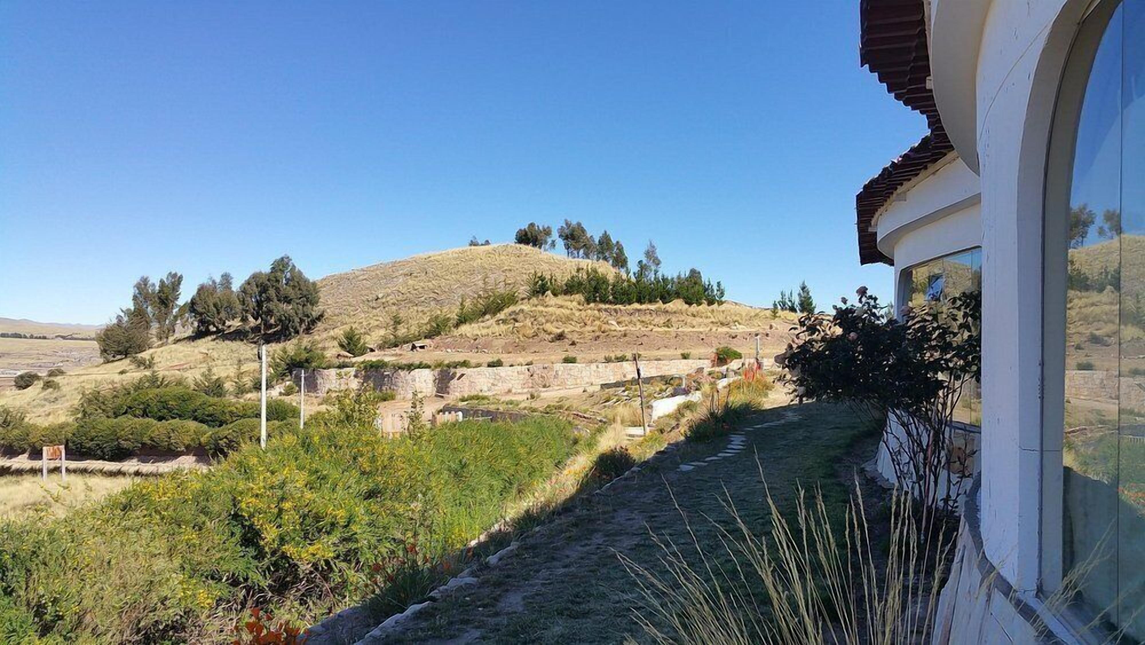 Una ladera con un muro de piedra, árboles y un edificio con una ventana.