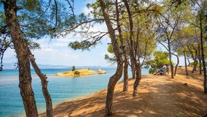A beach with trees and a small island in the background. - Kalma Villa Tria in Moudania (Nea Propontida)