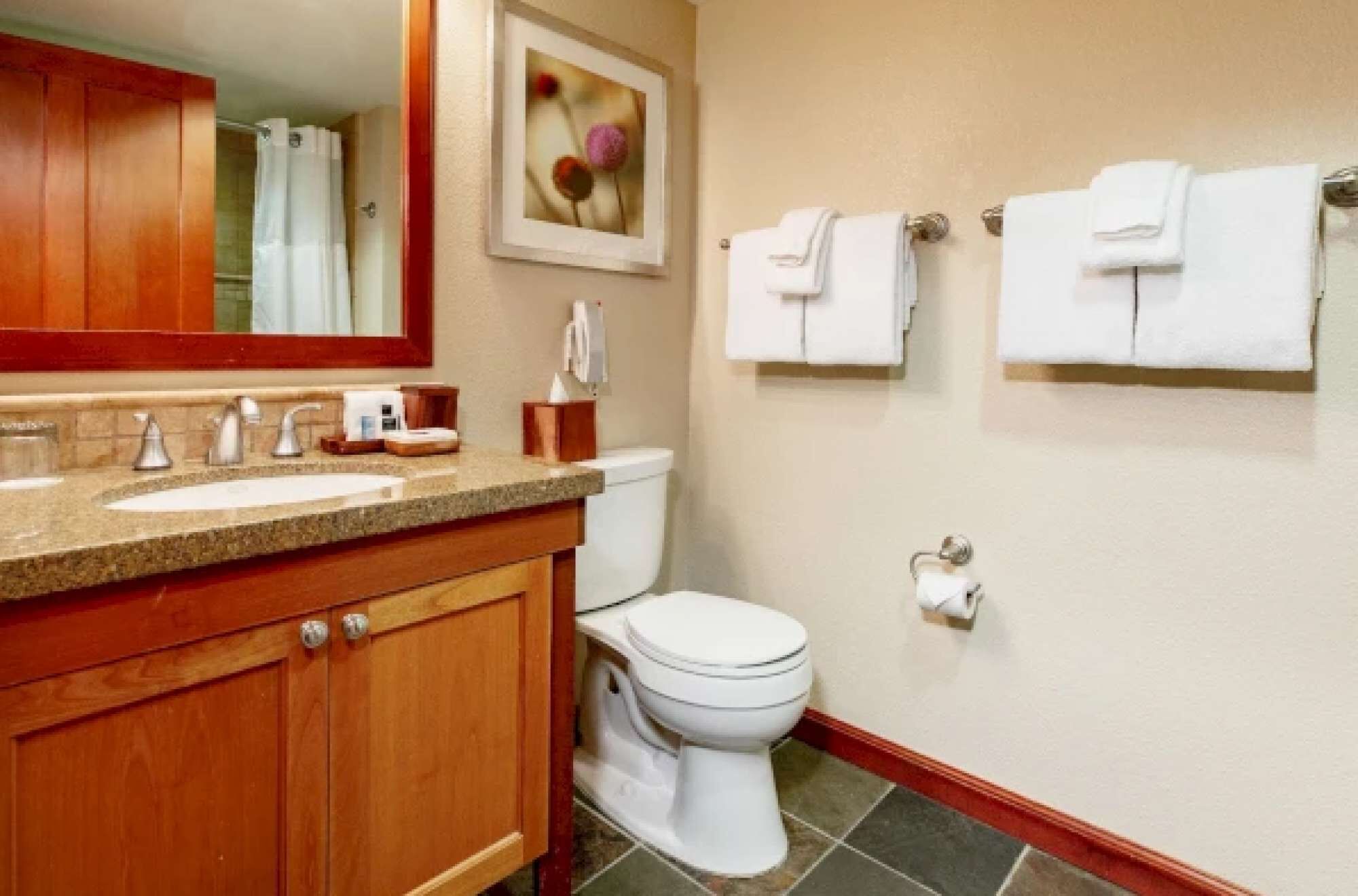 Une salle de bain avec un meuble-lavabo en bois, un évier, des toilettes et un tableau encadré au mur.