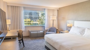 A hotel room with a bed, a desk, a chair, a heater, and a window with a view of a building and trees.