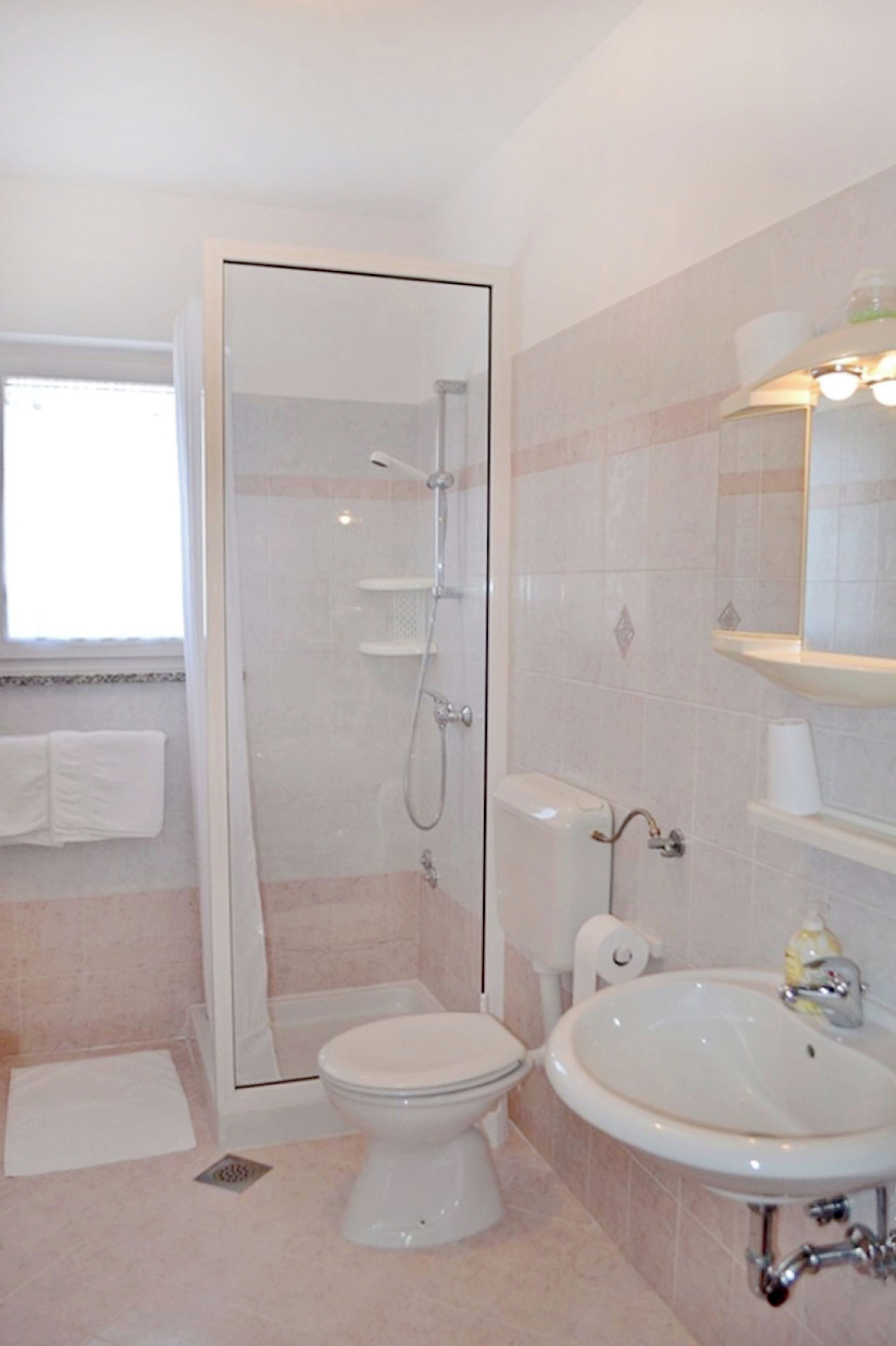 Un baño con ducha envuelta en vidrio, inodoro y lavamanos con espejo arriba.