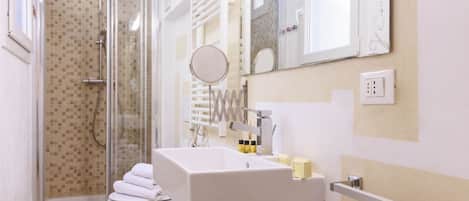 Shower, bidet, towels, toilet paper
