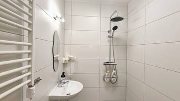 A bathroom with a white sink, a mirror, a handheld showerhead, and a towel rack.
