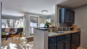 A modern kitchen with dark cabinets, a granite countertop, and a built-in dishwasher. - Fall Line Condo B7 1 Bedroom Home (Killington)