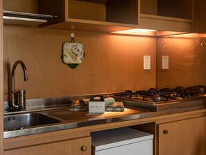 Jääkaappi, mikroaaltouuni, keittoastiat/astiat/ruokailuvälineet