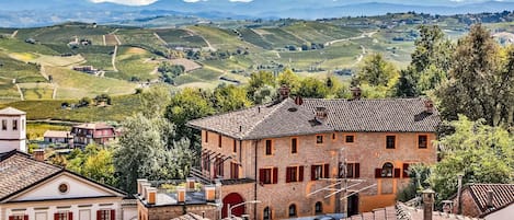 A traditional building with a tiled roof, surrounded by terraced vineyards and a mountainous backdrop.