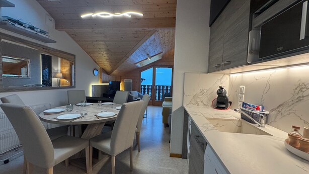 A modern kitchen with a Bosch dishwasher, a marble countertop, and a view of the outdoors. - THOLLON - 6 pers, 70 m2 (Thollon-les-Mémises)