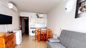 En kompakt bolig med sofa, spisebord med stole, et køkkenområde med vaskemaskine og et fjernsyn på væggen.