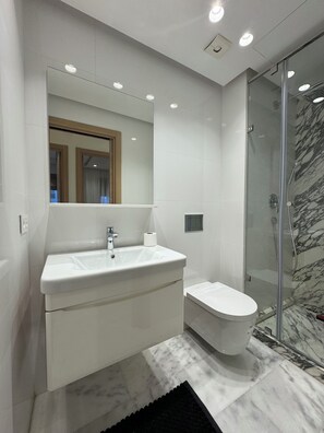 Buồng tắm vòi sen, máy sấy tóc, khăn tắm