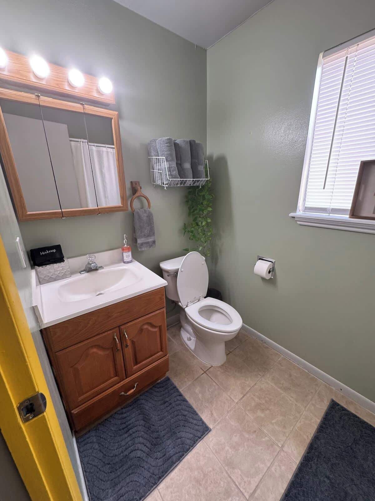 A bathroom with a vanity, sink, mirror, toilet, and a window with blinds.