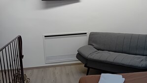 A room with a grey sofa, a bed with a brown cover, a flat-screen TV mounted on the wall, and a wooden ceiling. - House Sant 'Angelo (Acquapendente)