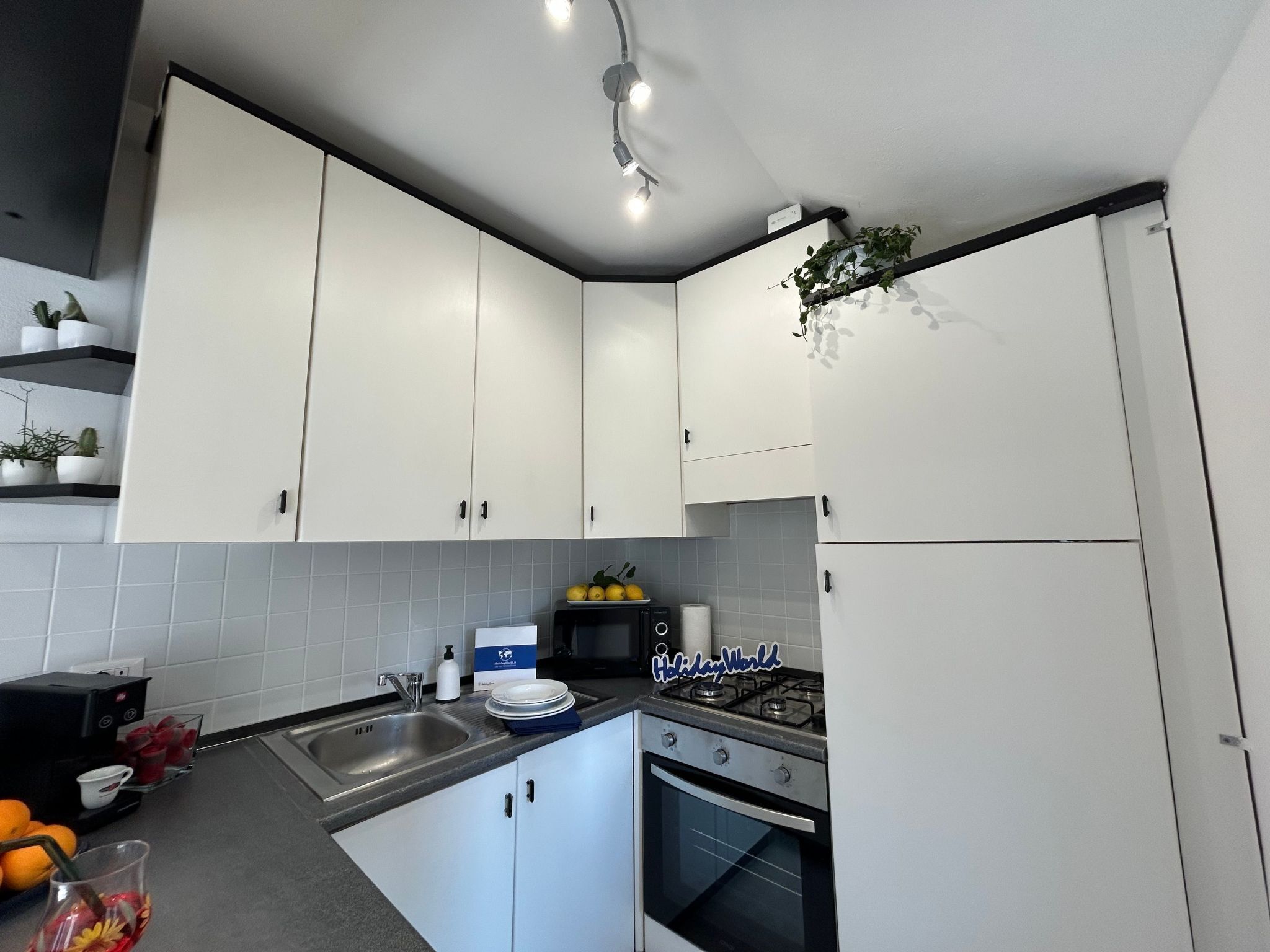 Fridge, microwave, oven, cookware/dishes/utensils