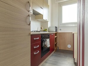 Fridge, microwave, oven, cookware/dishes/utensils